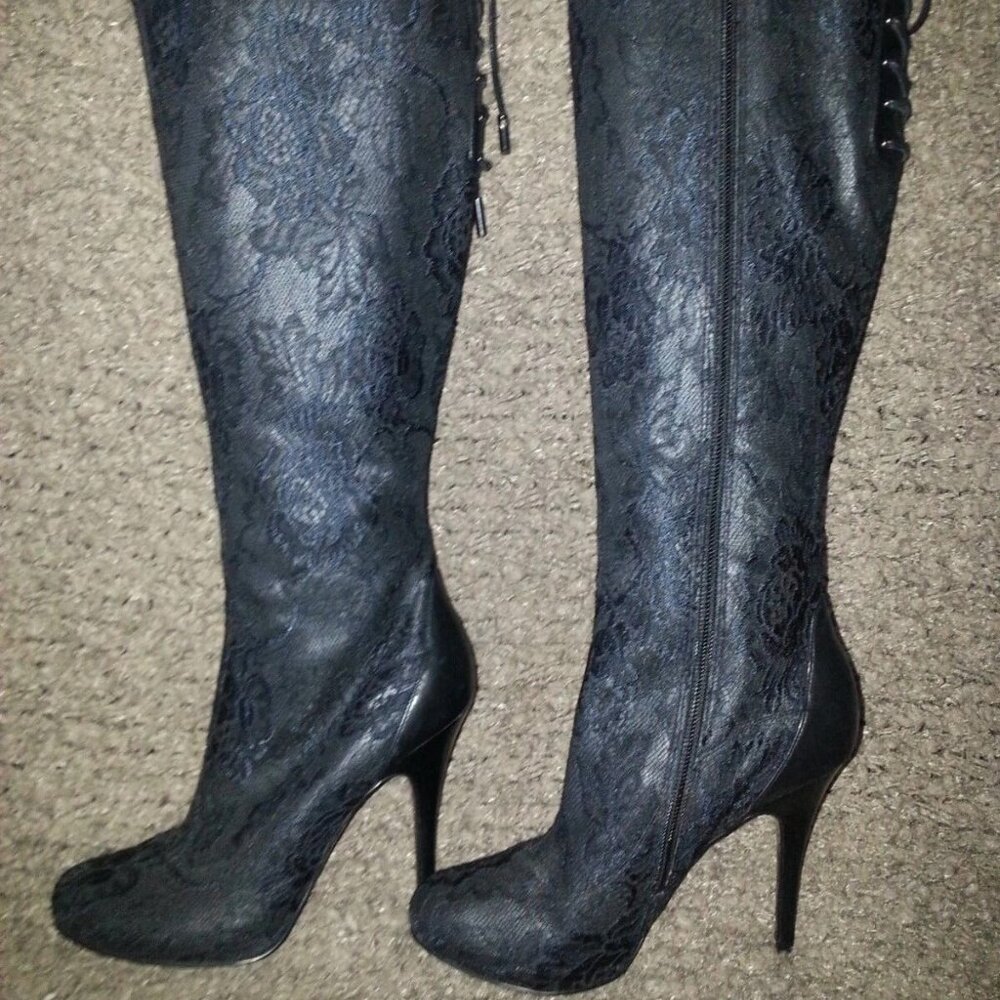 MARCIANO-Black Lace Overlay-Black Leather-Stiletto Boots-Size 5.5-Near Mint